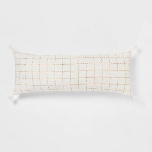 Oblong Oversized Texture Pick Stitch Plaid Decorative Throw Pillow Cream - Threshold