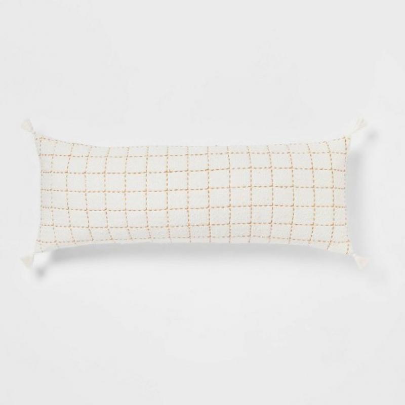 Oblong Oversized Texture Pick Stitch Plaid Decorative Throw Pillow Cream - Threshold