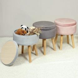 Round Storage Ottoman, Soft Padded Velvet Footrest Stool, with Wooden Legs