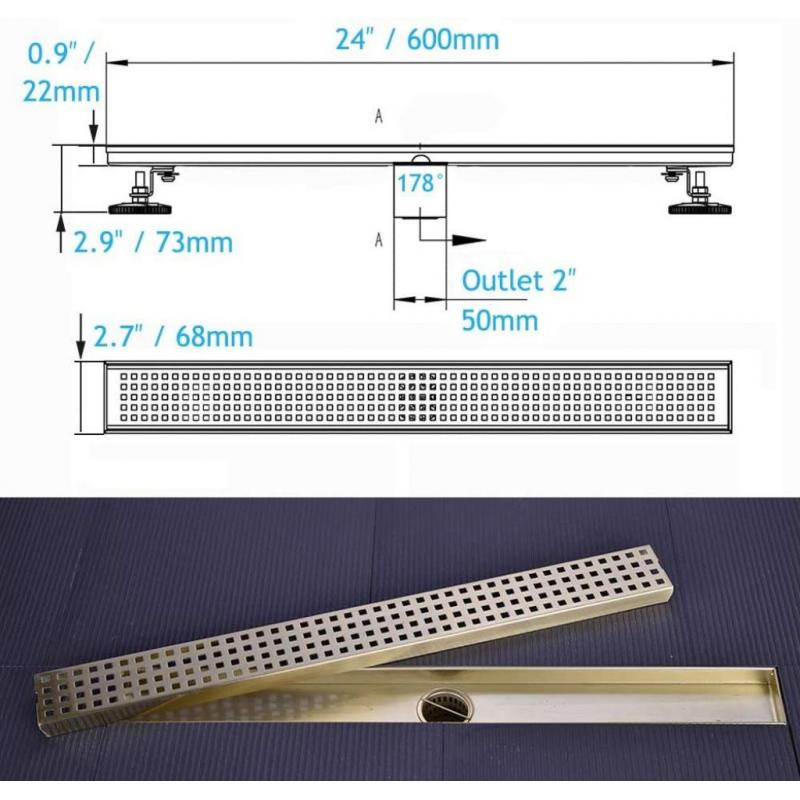 Linear Shower Drain Gold 24in Patterned