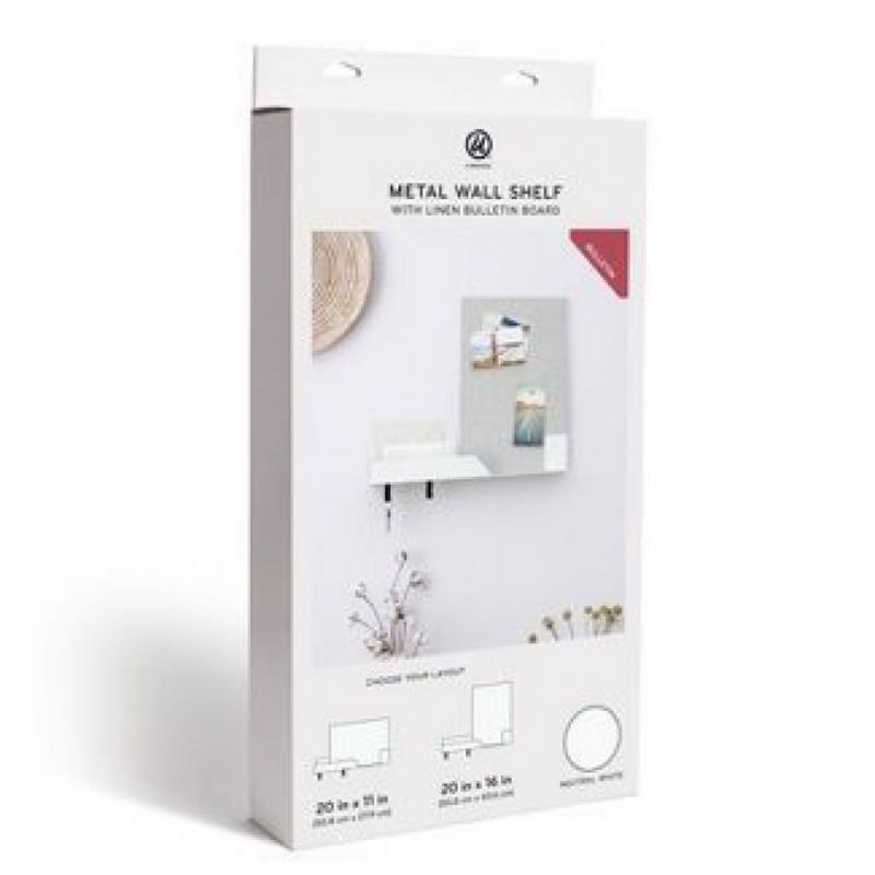 Metal Wall Shelf with Linen Bulletin Board - White