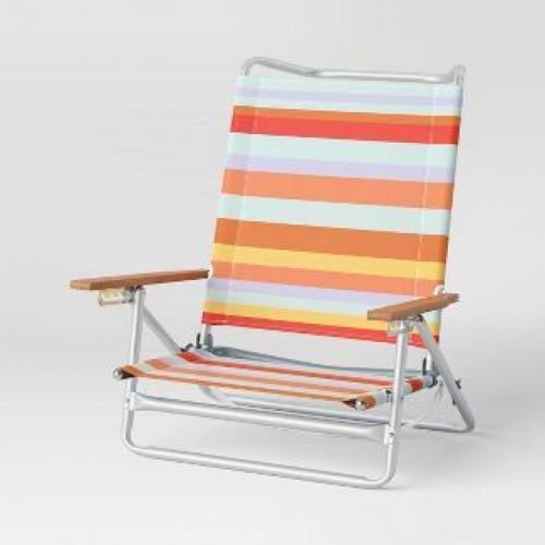 5 Position Patio Chair With Aluminum Frame & Wood Arms Striped - Sun Squad
