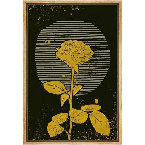 Framed Canvas Print Wall Art Yellow Rose Flower on Striped Sphere Background