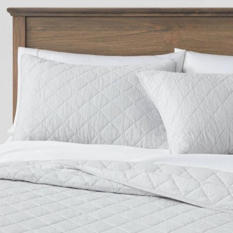 Full/Queen Diamond Stitch Cotton Linen Quilt Light Grey