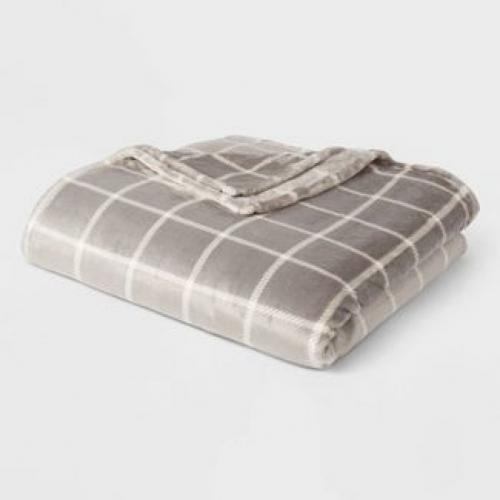 Twin/Twin XL Microplush Printed Bed Blanket Gray Plaid - Threshold