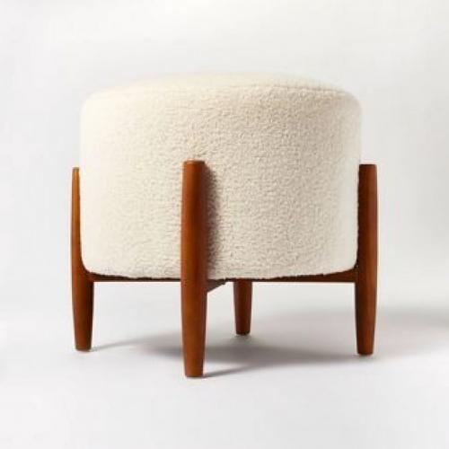 Elroy Sherpa Round Ottoman with Wood Legs Cream