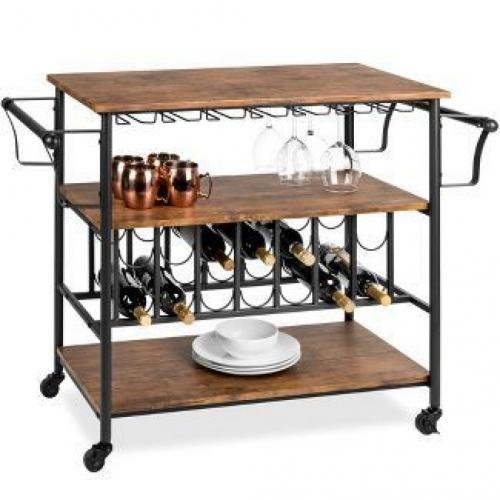 45in Industrial Wood Shelf Bar & Wine Storage Service Cart