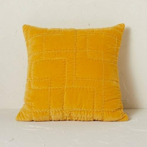 Quilted Cotton Velvet Square Throw Pillow Gold - Opalhouse designed with Jungalow