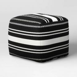 Textured Striped Roped Trim Outdoor Pouf Black/White