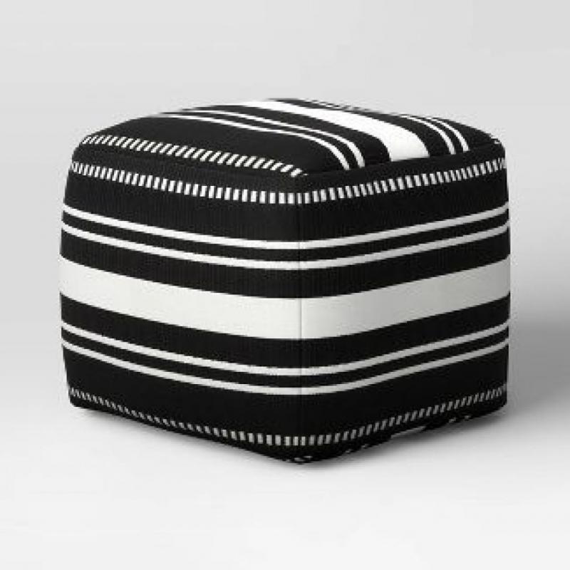 Textured Striped Roped Trim Outdoor Pouf Black/White