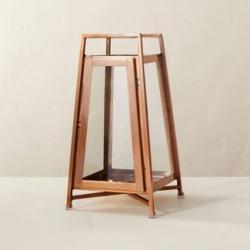 Small Raised Metal & Glass Pillar Candle Lantern Copper