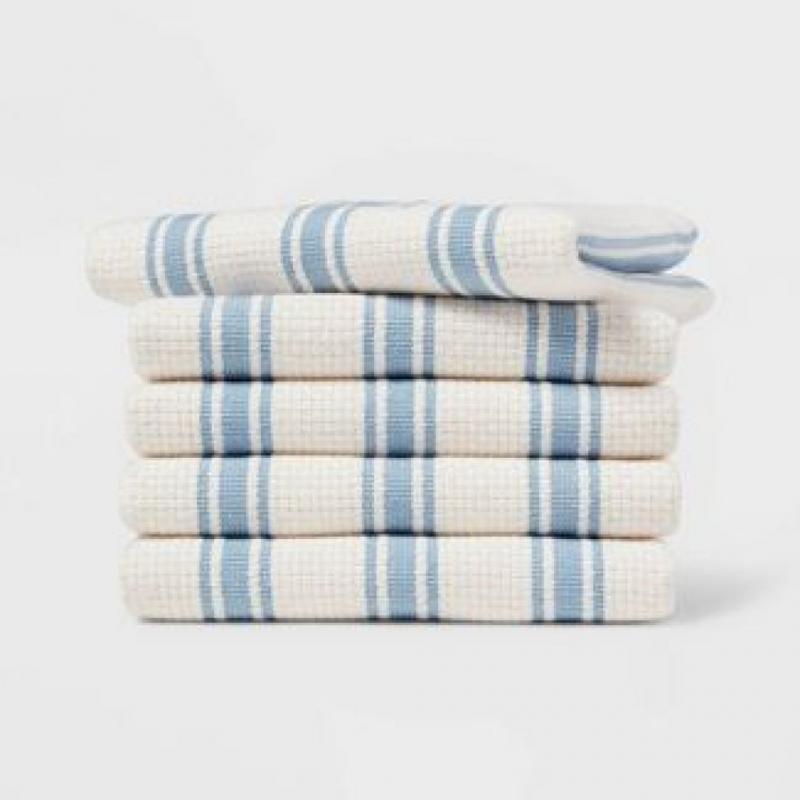 5pk Cotton Basketweave Striped Dishcloths Blue - Threshold