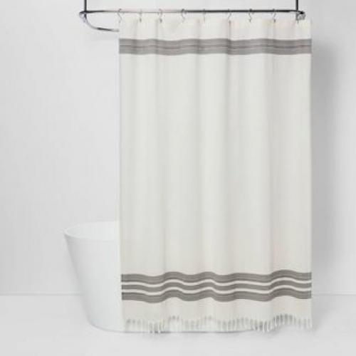 Striped Fringe Shower Curtain Off-White - Threshold
