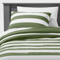 Full/Queen Rugby Stripe Cotton Comforter Set Green - Pillowfort