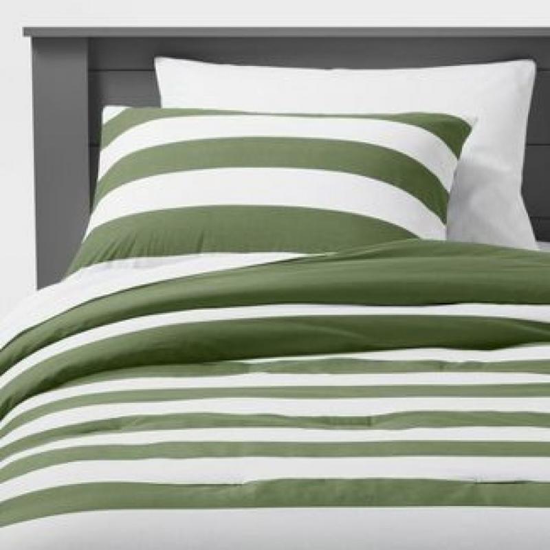 Full/Queen Rugby Stripe Cotton Comforter Set Green - Pillowfort