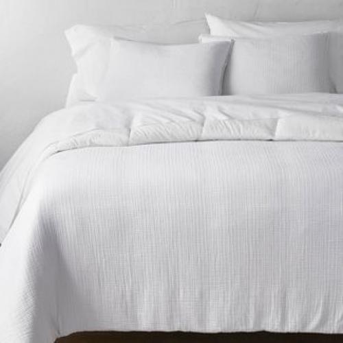 King Textured Chambray Cotton Comforter & Sham Set White - Casaluna