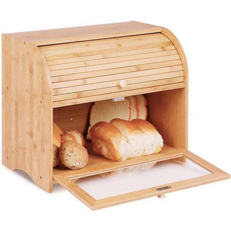 Bamboo 2 Layer Bread Box w/ Door Curtain