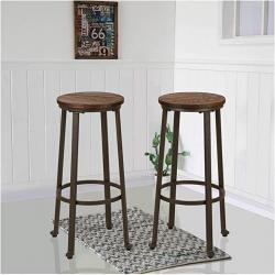 Glitzhome Rustic Round Steel Bar Stool With Elm Wood Top, Set of 2