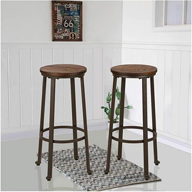 Glitzhome Rustic Round Steel Bar Stool With Elm Wood Top, Set of 2