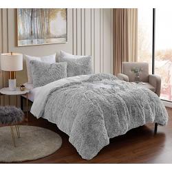 Crestedibis Plush Shaggy Duvet, King/ Light Gray