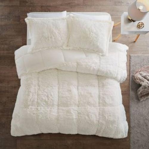 3pc Full/Queen Leena Shaggy Long Faux Fur Comforter Mini Set Ivory