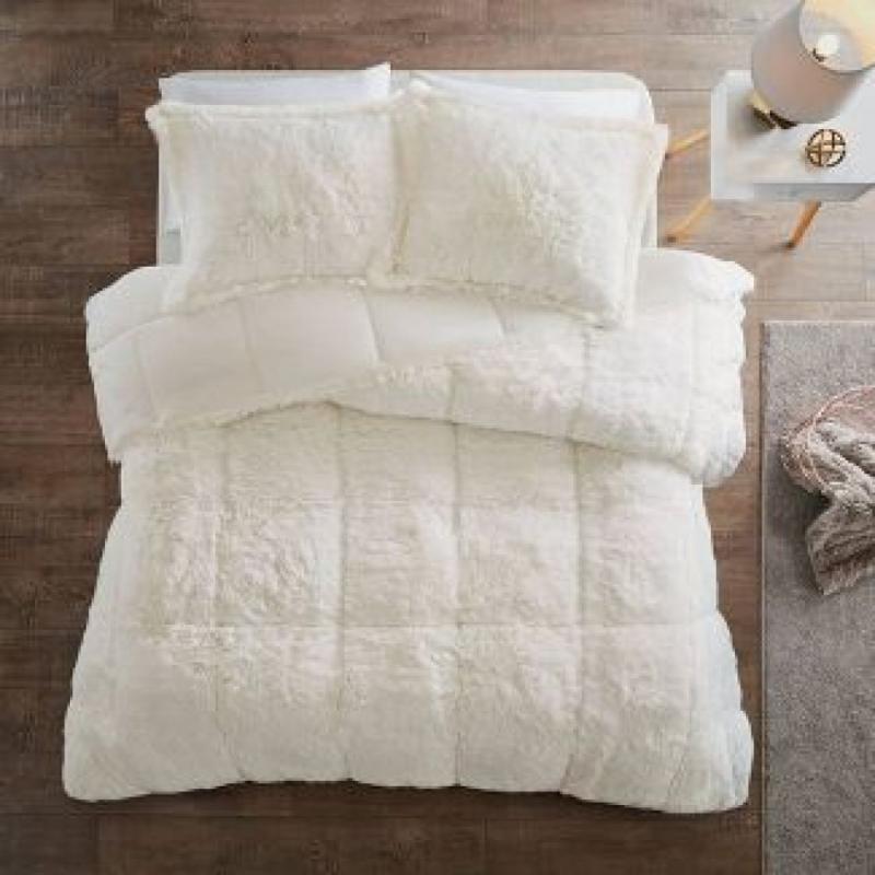 3pc Full/Queen Leena Shaggy Long Faux Fur Comforter Mini Set Ivory