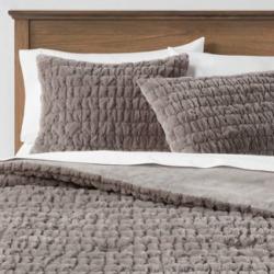 King Ruched Faux Fur Comforter & Sham Set Gray - Threshold