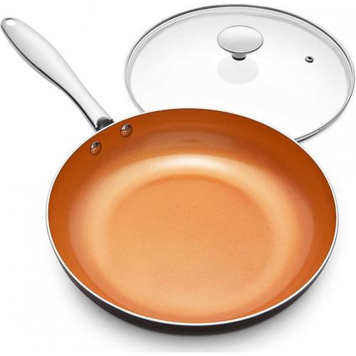 MICHELANGELO 11 Inch Frying Pan with Lid, Copper Frying Pan with Ultra Nonstick