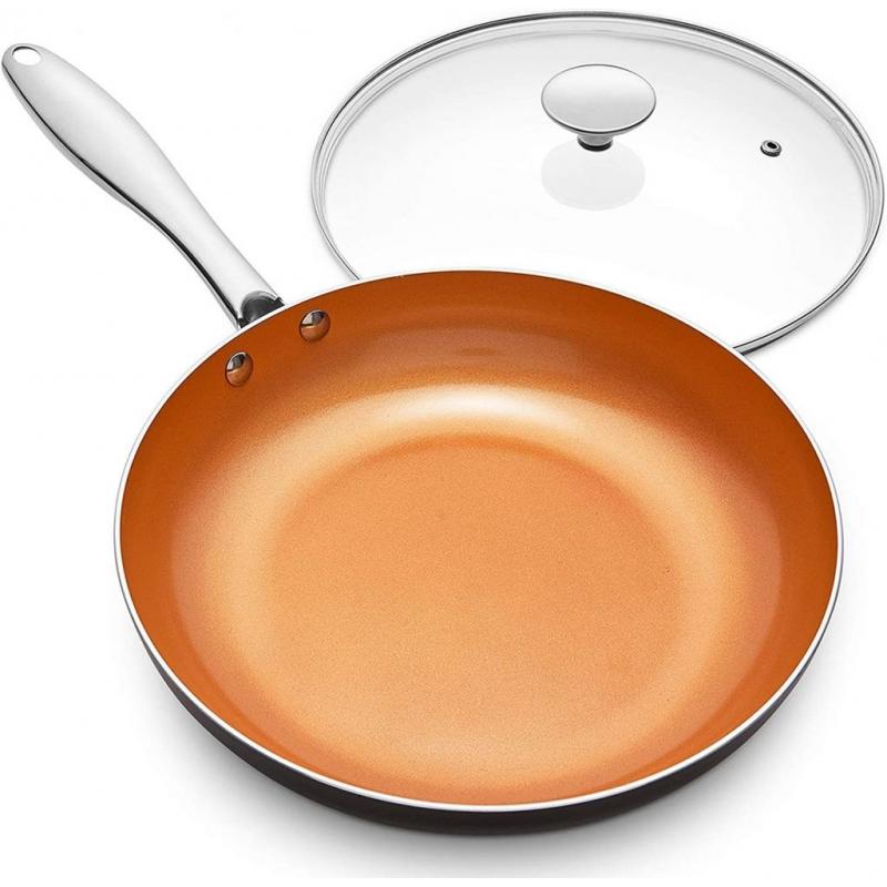MICHELANGELO 11 Inch Frying Pan with Lid, Copper Frying Pan with Ultra Nonstick