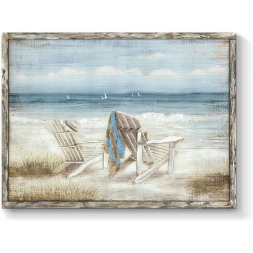 TAR TAR STUDIO Abstract Seascape Framed Wall Art: Beach Chair on Sand Hand Paint