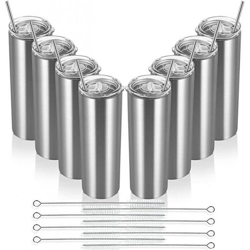 20oz Skinny Travel Tumbler Silver 8 Pack