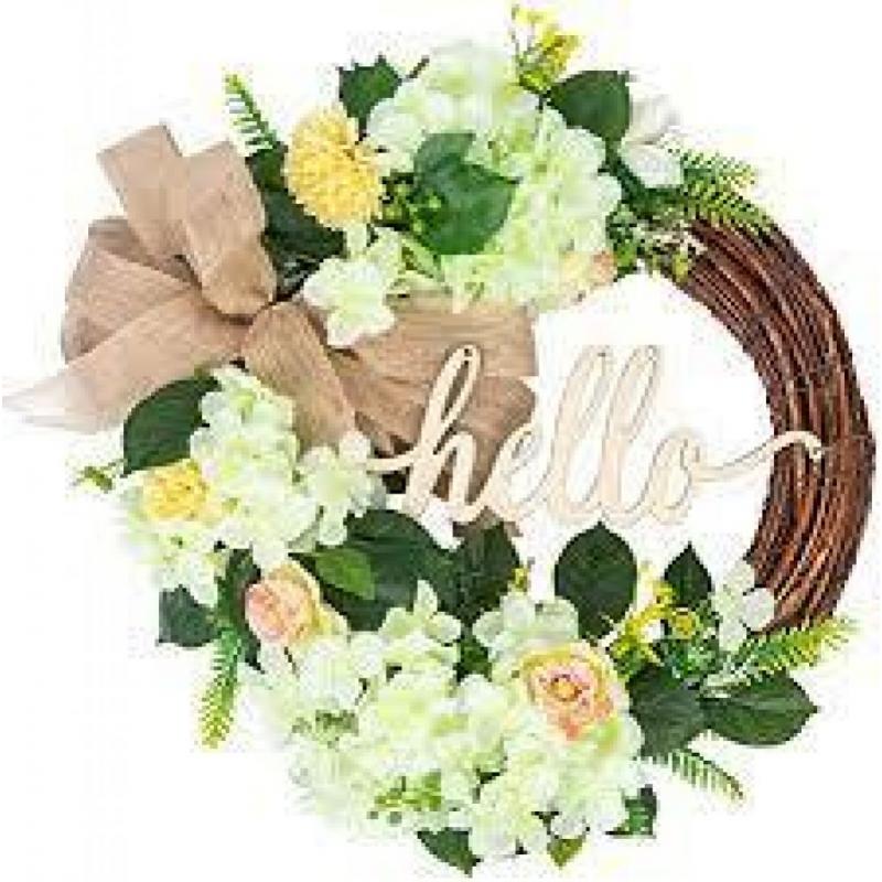 Cypers 15 inch Grapevine Artificial Flower Wreath With Hello