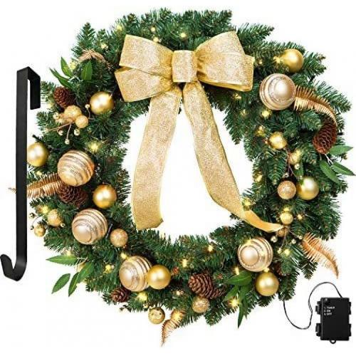 24 Christmas Wreath Gold Balls Berries Lighted