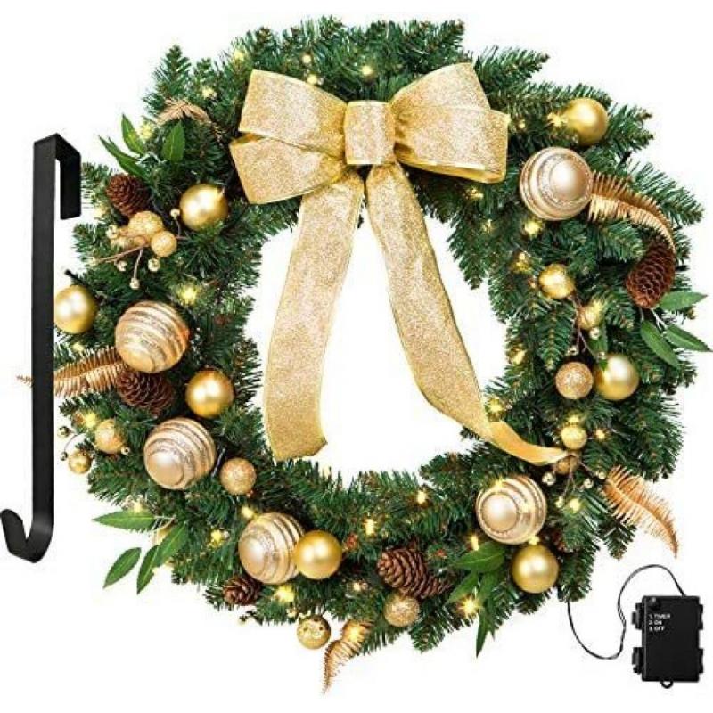 24 Christmas Wreath Gold Balls Berries Lighted