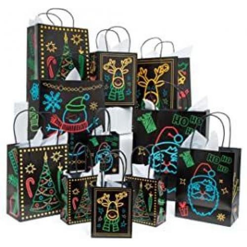 Christmas Holiday Glow-in-The-Dark Gift Bag | 22 Piece 11 Bags of 4 Different Designs,