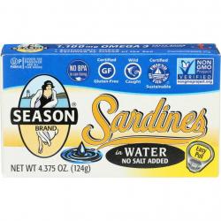 Season Brand Sardines in Water - No Salt Added - Case of 12 - 4.375 Ounces