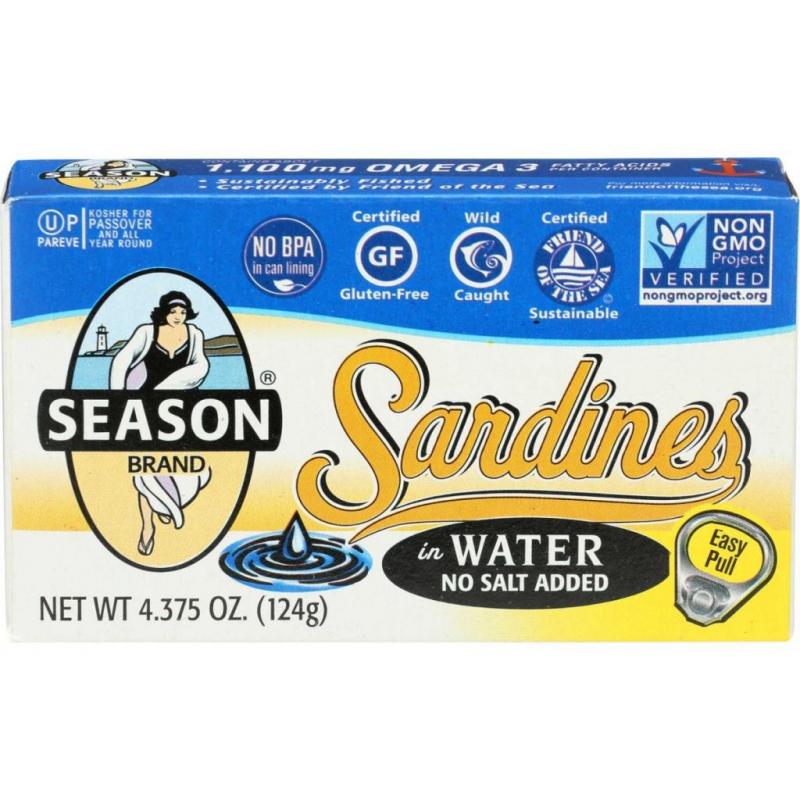 Season Brand Sardines in Water - No Salt Added - Case of 12 - 4.375 Ounces