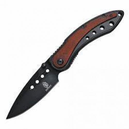 Spring-Assisted Folding Knife | Buckshot 3.5 Black Blade Red Cross Wood Handle