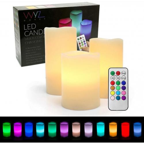 WYZworks LED Ivory Flickering Flameless Candles - Set of 3 [ 4 5 6 ] Multicolor Changing with Remote Control Weatherproof Indoor & Outdoor Realistic Faux Wax Drips