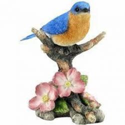 Porcelain Blue Bird Figurine - Perched On Branch With Flowers - Wood Base Mount, 4.88 Inches