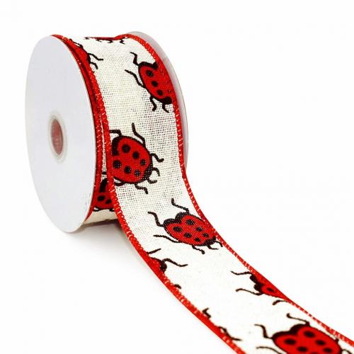 Ivory Canvas with Red Ladybug Wired Ribbon - 1.5 x 10 Yards x 1 Roll