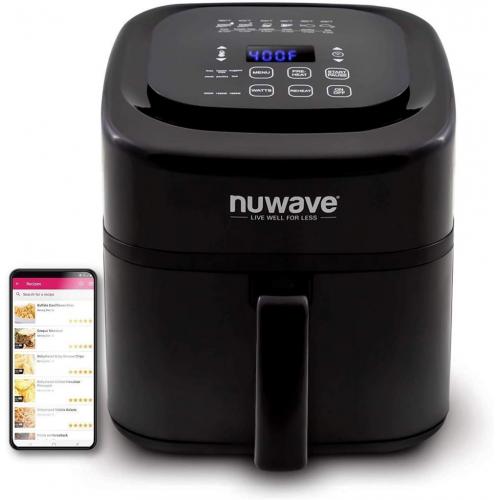 NuWave Brio 6-Quart Air Fryer with App Recipes (Black) includes basket divider, one-touch digital controls, 6 easy presets, wattage control, and advanced functions like SEAR, PREHEAT, DELAY, WARM and more