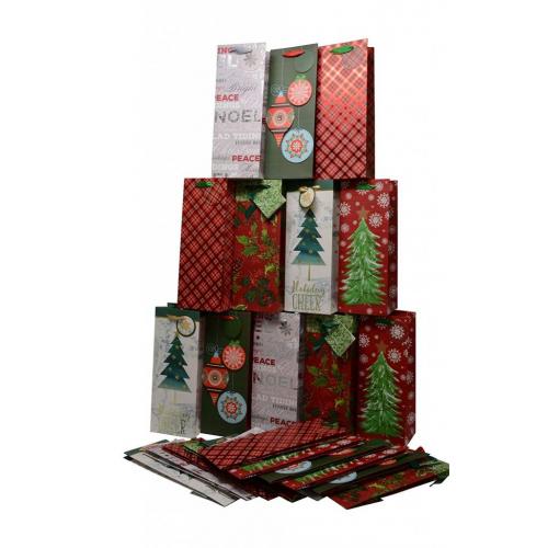 24 Christmas Kraft Paper Wine Bags; with Name Tags, six Assorted Holiday Designs; Set of 24 Heavy Duty Bags