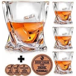 Vaci Crystal Whiskey Glasses, Set of 4, With 4 Coasters, Scotch, Malt or Bourbon Glass, Glass Set