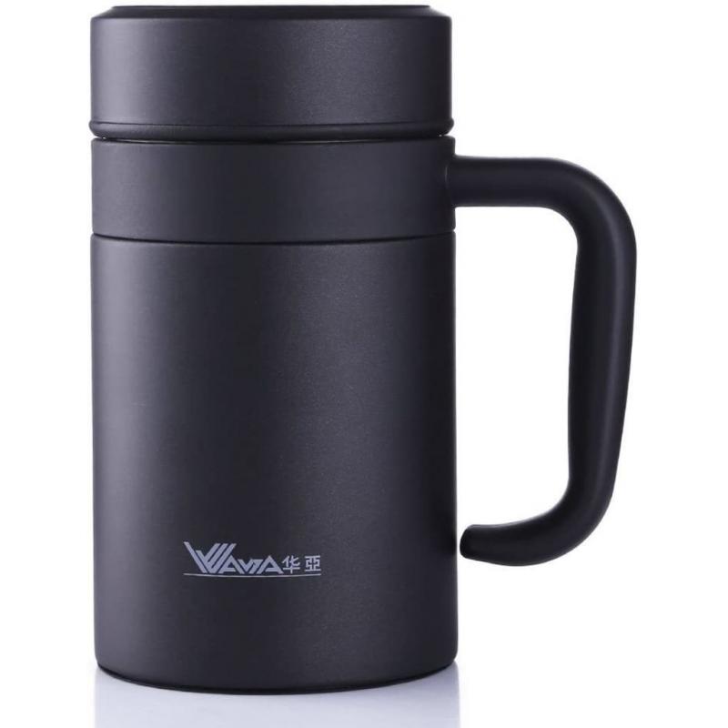 Jiaqi Insulated Coffee Mug With Handle and Lid, Double Wall Stainless Steel Tumbler Vacuum Thermal Cup With Removable Tea Infuser Great Gift Idea For Men, 420ml/14ounce, Black