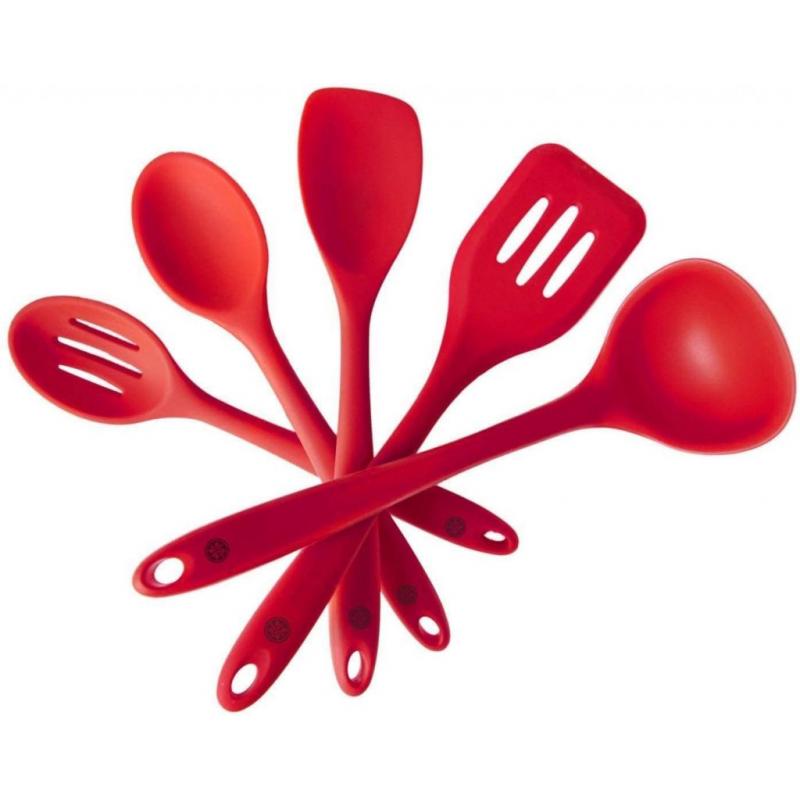 StarPack Basics Silicone Kitchen Utensil Set (5 Piece Set, 10.5) - High Heat Resistant to 480°F, Hygienic One Piece DesignSpatulas, Serving and Mixing Spoons (Cherry Red)