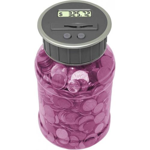 Digital Coin Bank Savings Jar - Automatic Coin Counter Totals All U.S. Coins Including Dollars and Half Dollars - Original Style, Transparent Pink Jar
