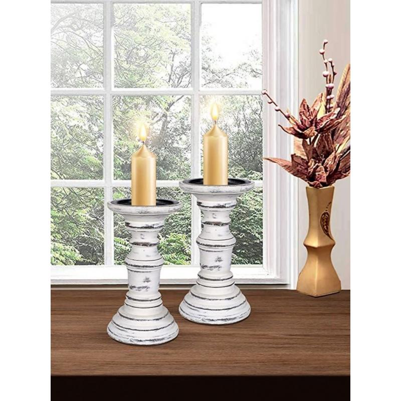 Candle Stands Wooden For Pillar Candles, 7.5 Inch Set of 2 - White Antique