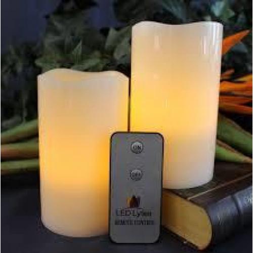 LED Lytes Flameless Candles, Battery Powered Candle Set, 2 Ivory Wax Amber Yellow Flickering Flame Pillars with Remote for Weddings, Parties and Gifts
