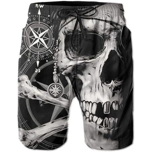 Men's Boy's Casual Novelty Beach Shorts Pirate and Skull Compass, Extra Large